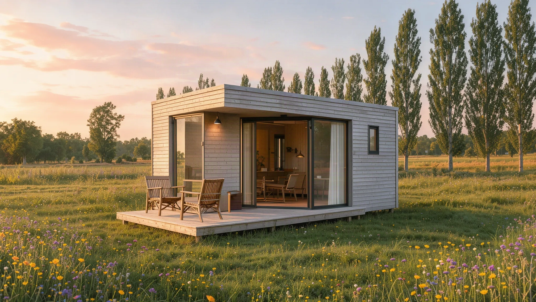 Tiny house en bois dans une prairie au coucher du soleil
