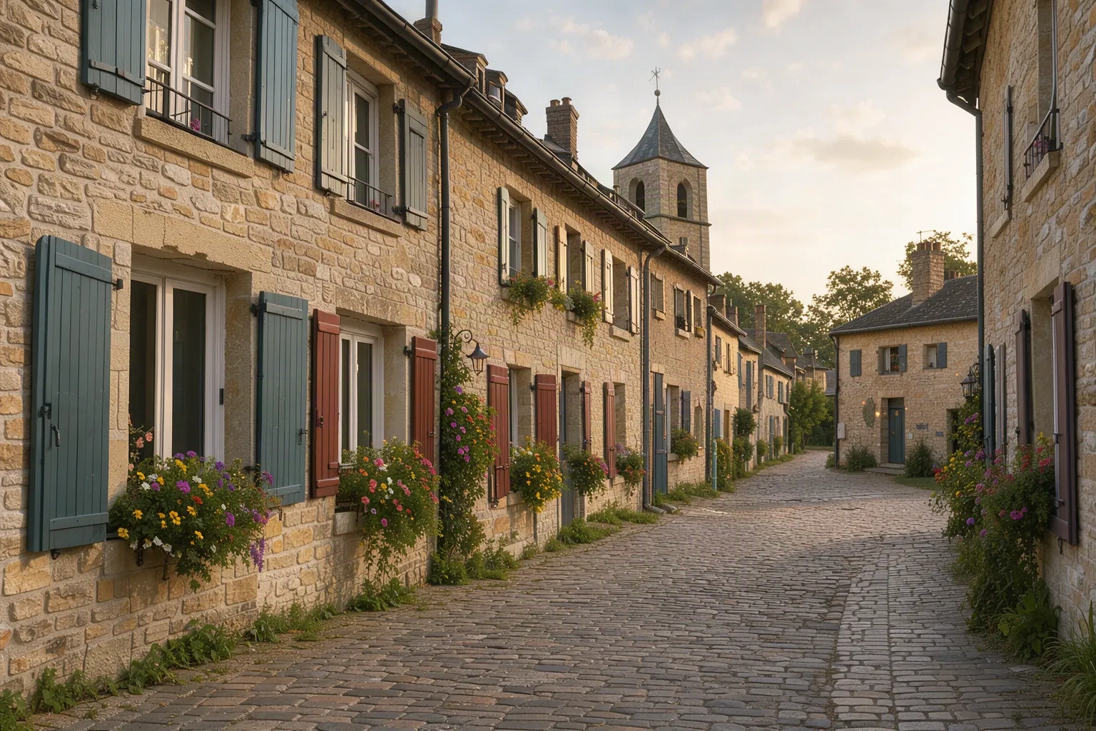 Rue d'un village en pierre avec géraniums