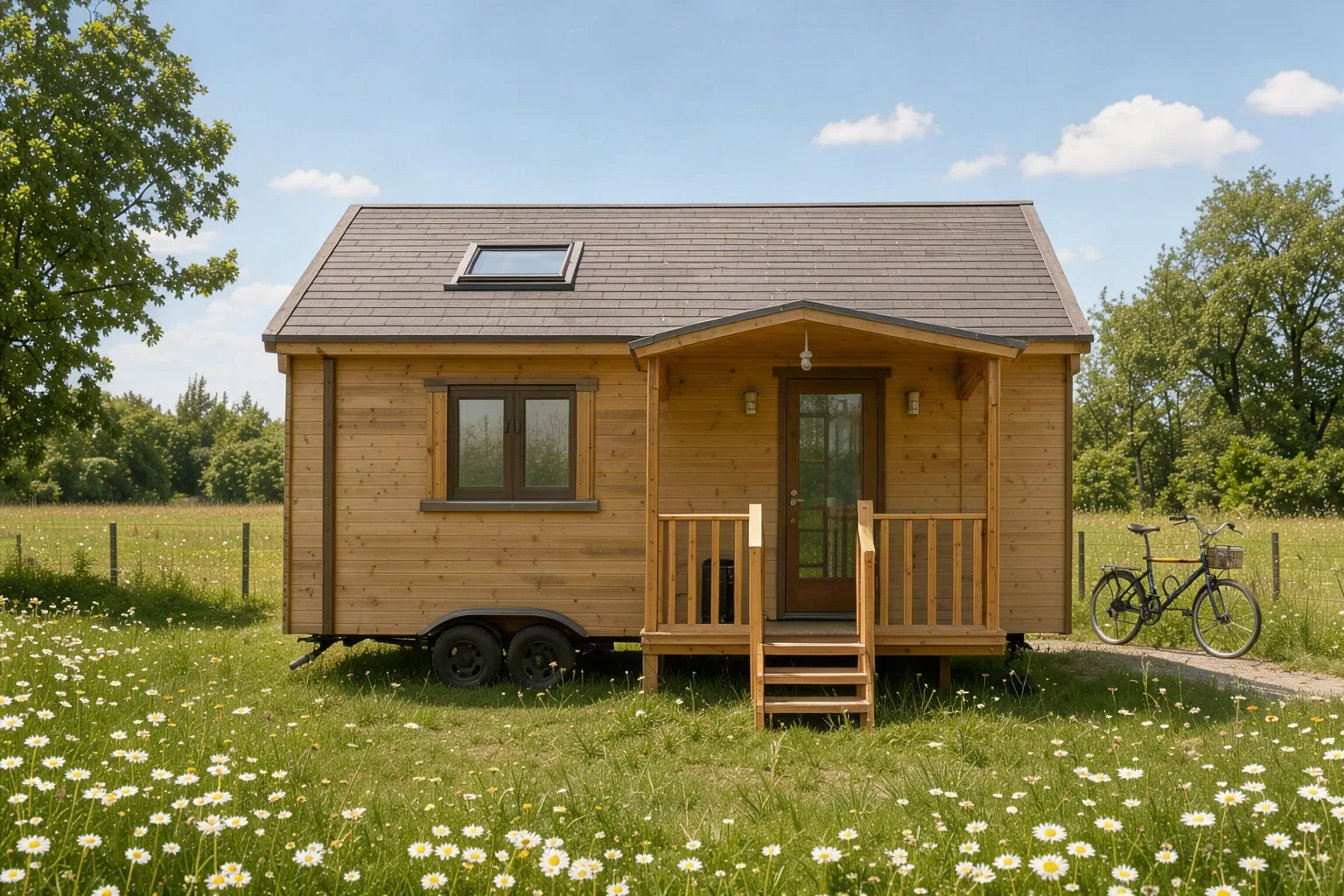 Vue extérieure de la tiny house Senja dans une prairie ensoleillée