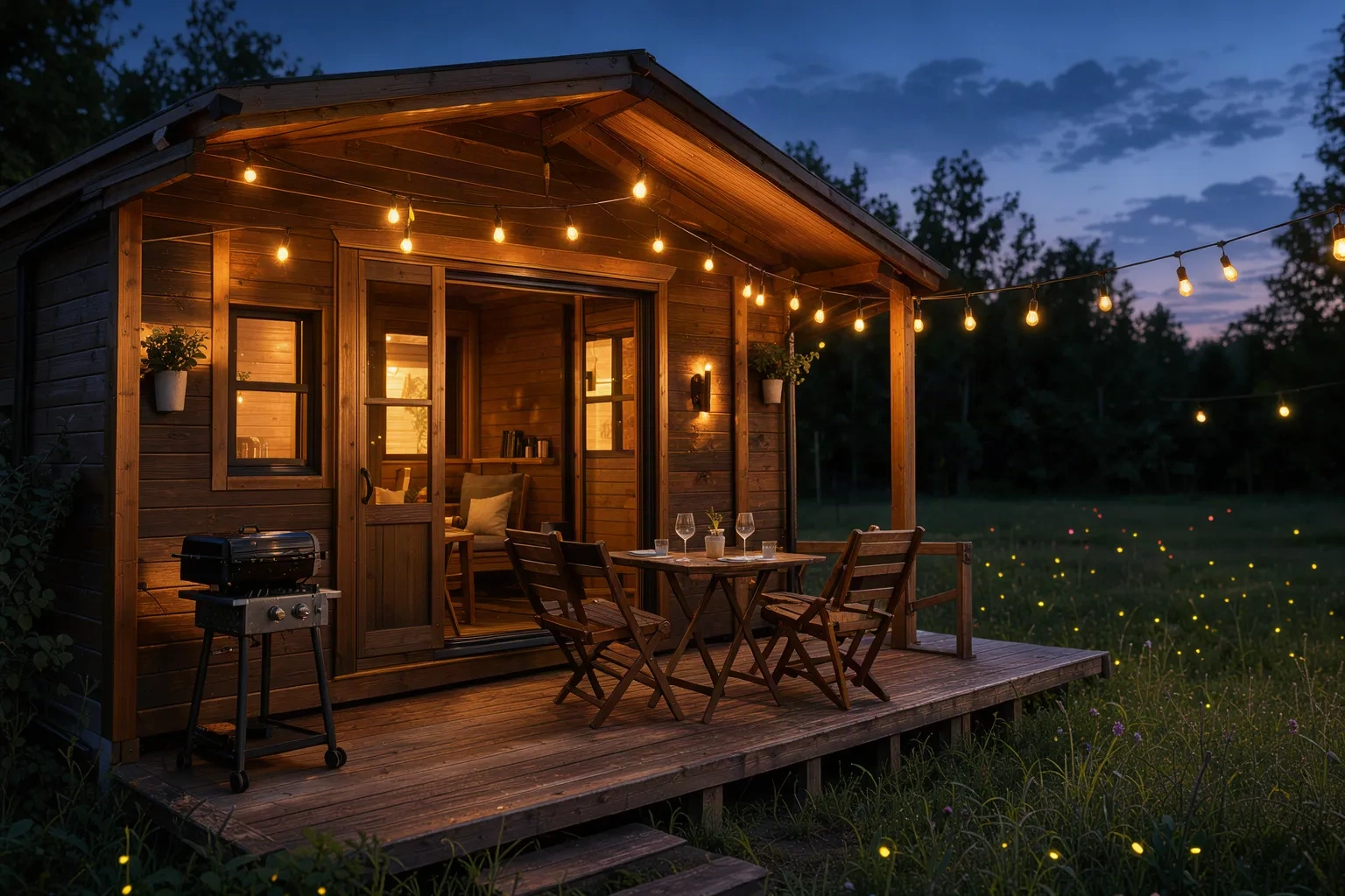 Terrasse de la tiny house en soirée avec guirlandes